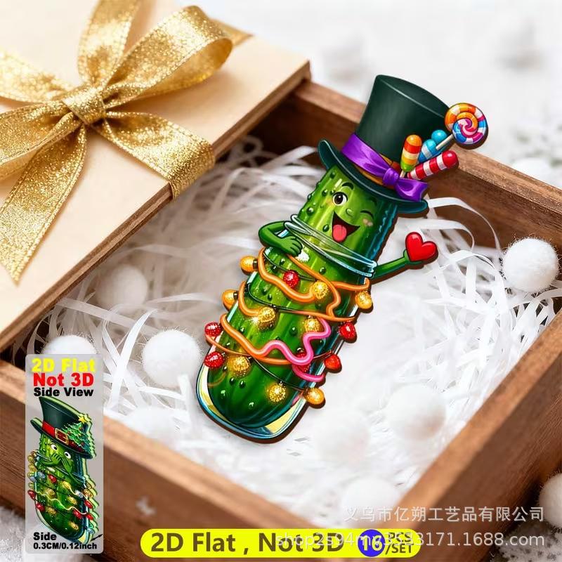 32Pcs Wooden Christmas Cucumber Ornaments, Multi Shapes Pendant with Fairy Lights & Black Hats, Xmas Hanging Decor