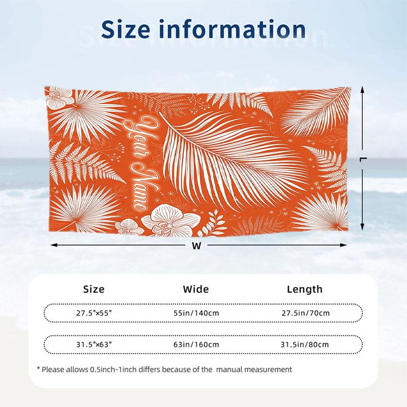 Tropical Leaves Elegance Theme Quick Dry Beach Towel Custom Name Text Print Large Sand Resistant Towel Beach Vacation