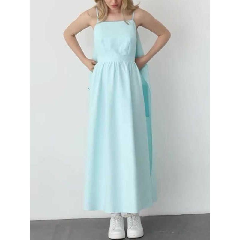 American Foreign Trade Women clothes Cross-Border Summer Sling Square Collar Temperament Waist Hugging Slimming Simple Style Solid Strap Long dress