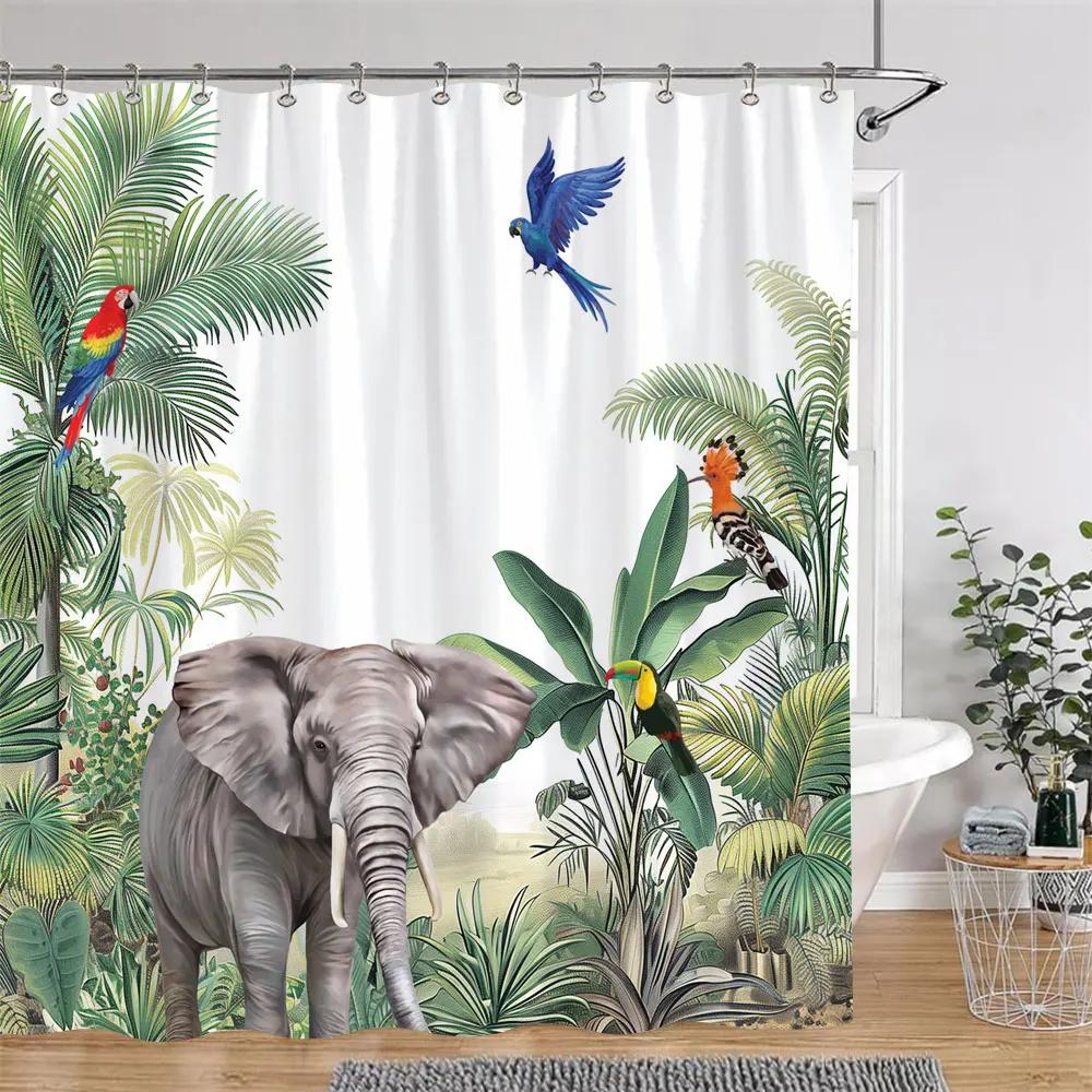 Tropical Botanical Jungle Animal Shower Curtain Coconut Flamingo Giraffe Bluebird Polyester Fabric Shower Curtain Bathroom Decor