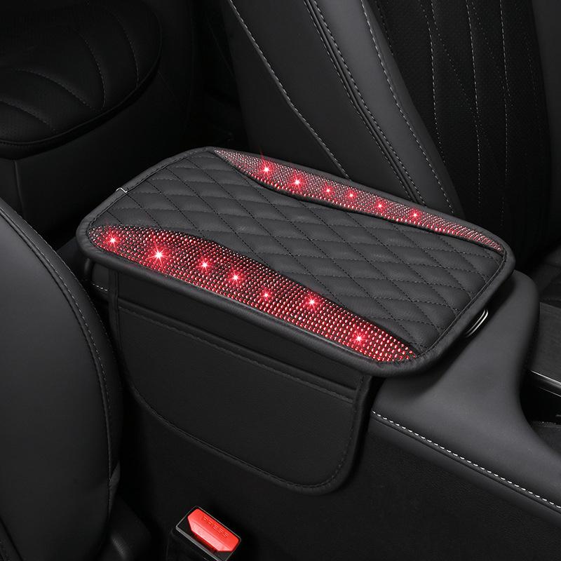 Car Amrest Cushion Pad Diamond For Women Leather Auto Center Console Cover with Storage Bags Luxurious Auto Interior Accessories