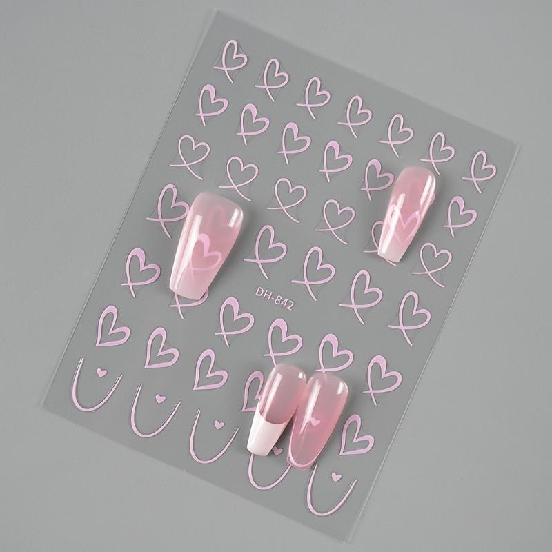 1 Sheet Nail Art Stickers 3D Cute Heart White Gold Silver Lines Love Heart Nail Decals Diy Adhesive Slider Manicure Decorations