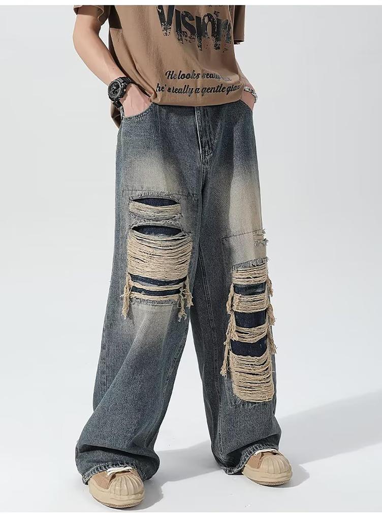 MMTYRM Men's Wide-Leg Denim Pants, Loose Fit, Stretch Goose-Eye Denim Pants, Stylish Jeans with Distressed Finish, Available in Plus Sizes, Blue, XL