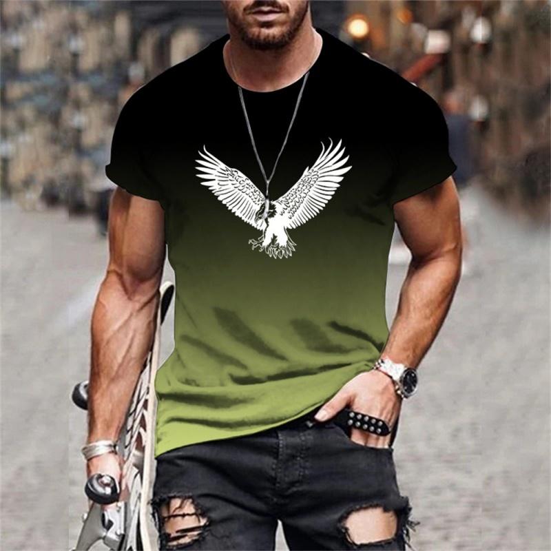 Eagle wing pattern men's T-shirt color gradient 3D printed T-shirt casual short sleeved round neck top street sports T-shirt