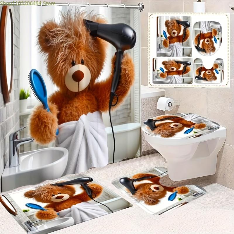 

1/4pcs Stylish Plush Bear Bathroom Blow Dryer Fun Element Shower Curtain Set, Including Non-Slip, Toilet, Bathroom, Opaque Sho 4pcs-Set