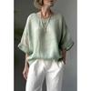2026 Comfortable Plus Size European & American Casual Cotton Linen Drop Shoulder Loose Solid Color Women's Top
