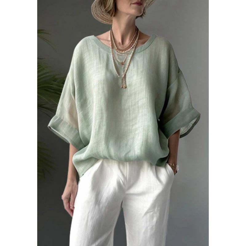 2026 Comfortable Plus Size European & American Casual Cotton Linen Drop Shoulder Loose Solid Color Women's Top