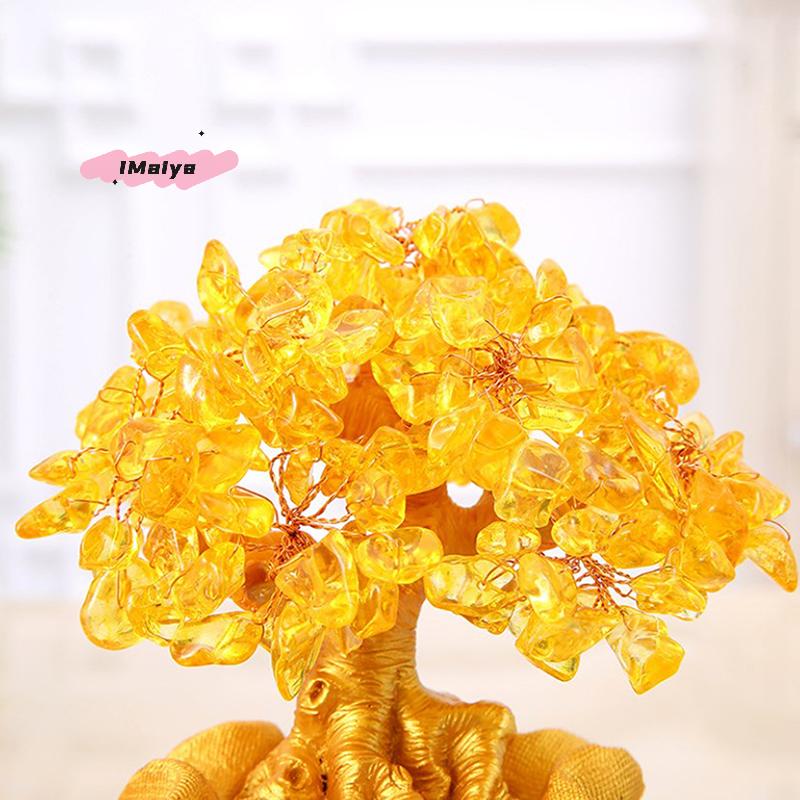 M-New 1PC Lucky Tree Wealth Yellow Crystal Tree Natural Money Tree Ornaments Bonsai Style Wealth Luck Feng Shui Ornaments Craft