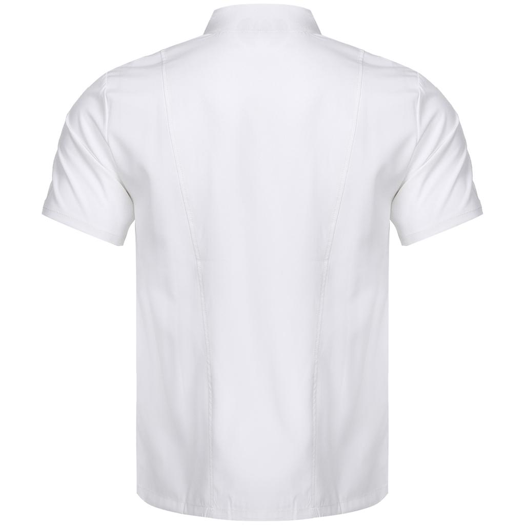 Unisex Lightweight Chef Jacket Stand Collar Short Sleeve Letter Embroidery Contrast Trim Kitchen Uniform Top