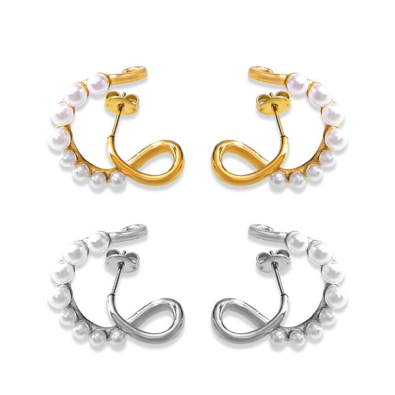 Inlaid Faux Pearl Irregular Stud Earrings: European & American Women's Fashion in Titanium Steel