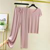 Nuovo due pezzi estivo in seta ghiacciata: Top a maniche corte con scollo a V e pantaloni casual drappeggiati a gamba larga