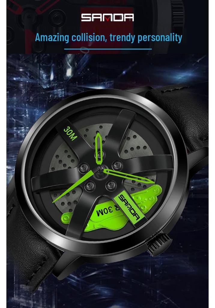 Sanda Cool Men's 3D Hollow Car Wheel Leather Strap Quartz Watch