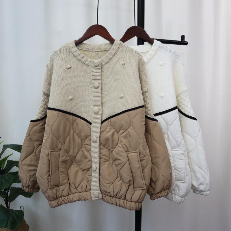 Splicing Cotton Clothes Knitted Cardigan Autumn and Winter New Design Sense Loose Lazy Wind Sweater Jacket Women