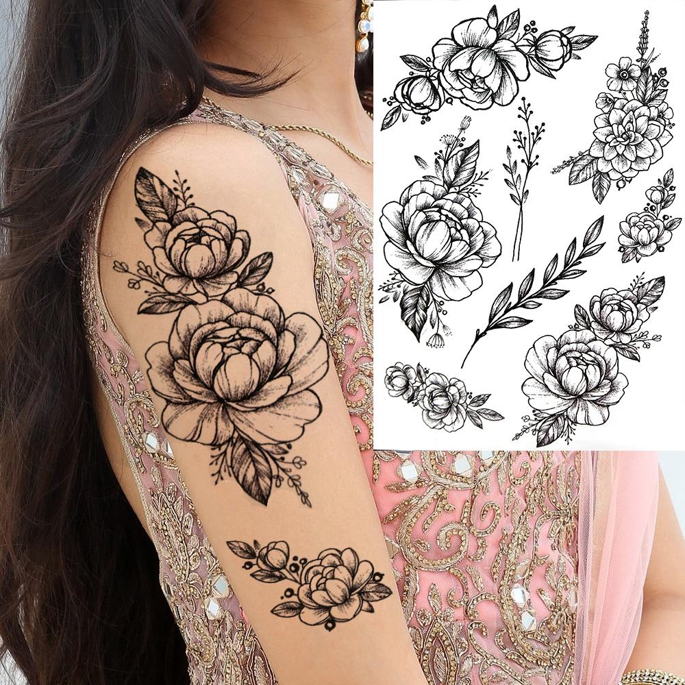Owl Bird Temporary Tattoos For Women Fake Peony Flower Tattoo Sticker Black Body Art Drawing Tatto Diamond Crystal Jewelry Tatoo