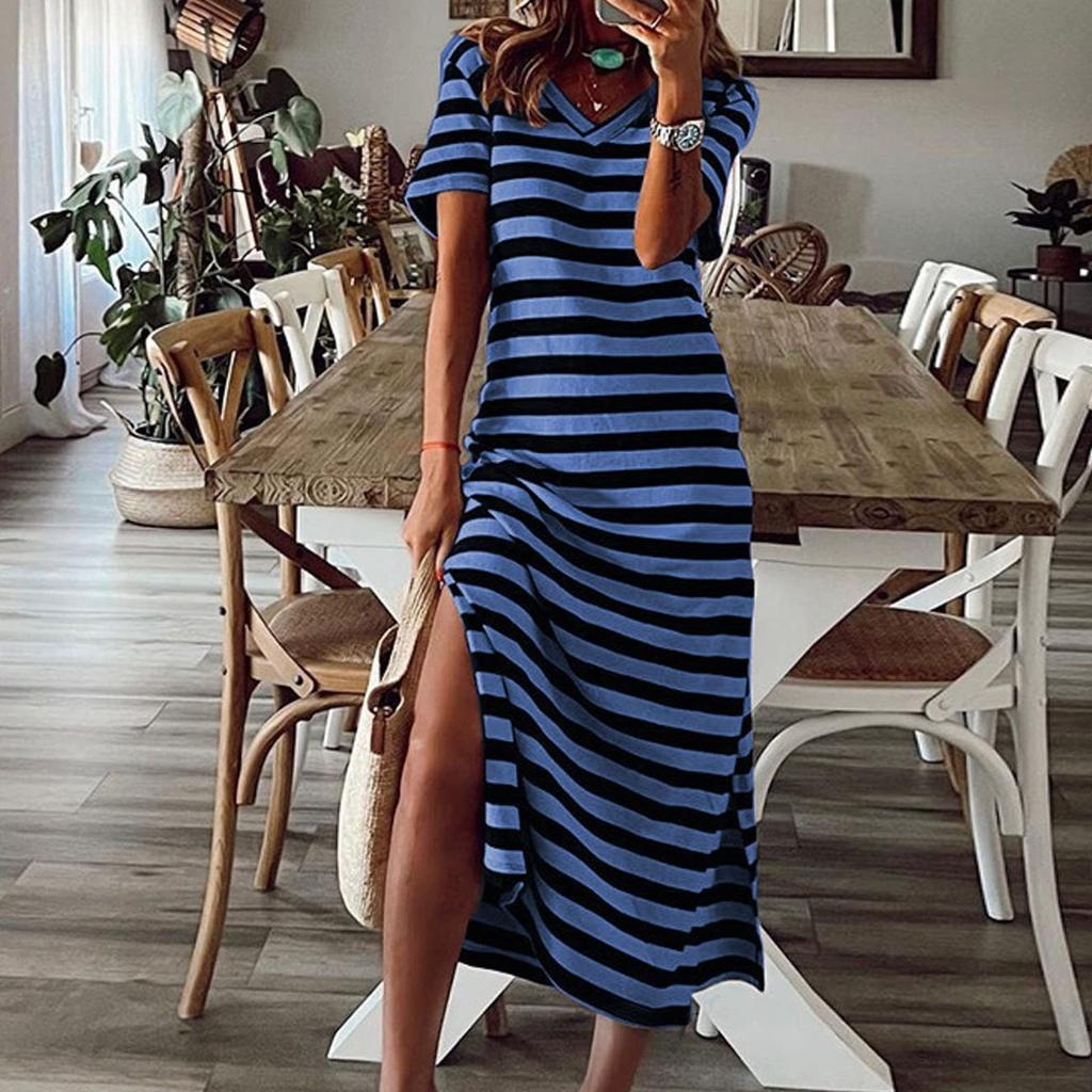 Women's Striped Side Slit Midi Dress V Neck Short Sleeve Casual Holiday Loose Dress