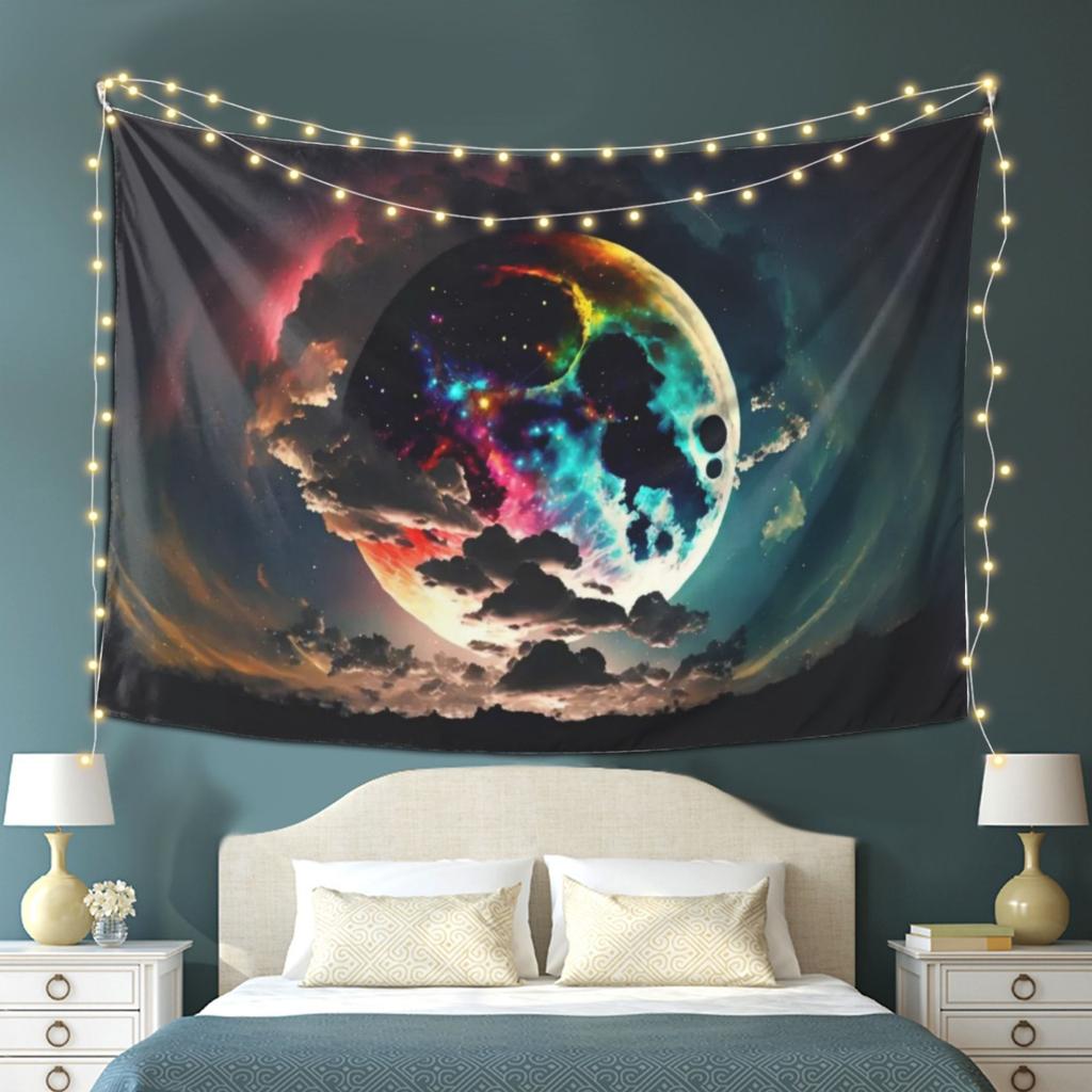 Galactic Moon Tapestry Cosmic Clouds and Nebulae  Enhance Your Bedroom Living Room with Celestial Art for a Dreamy Atmosphere