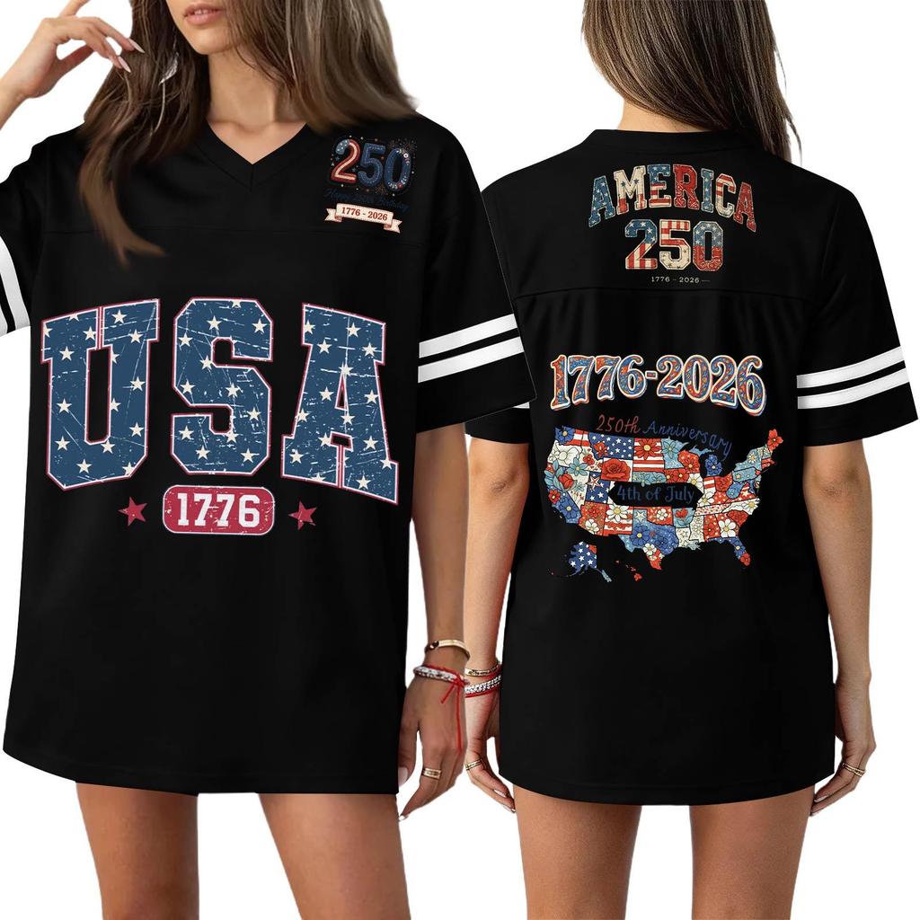 Damska Codzienna Modna Koszulka Sportowa z Dekoltem V z Nadrukiem na Dzień Niepodległości Krótkim Rękawem Top