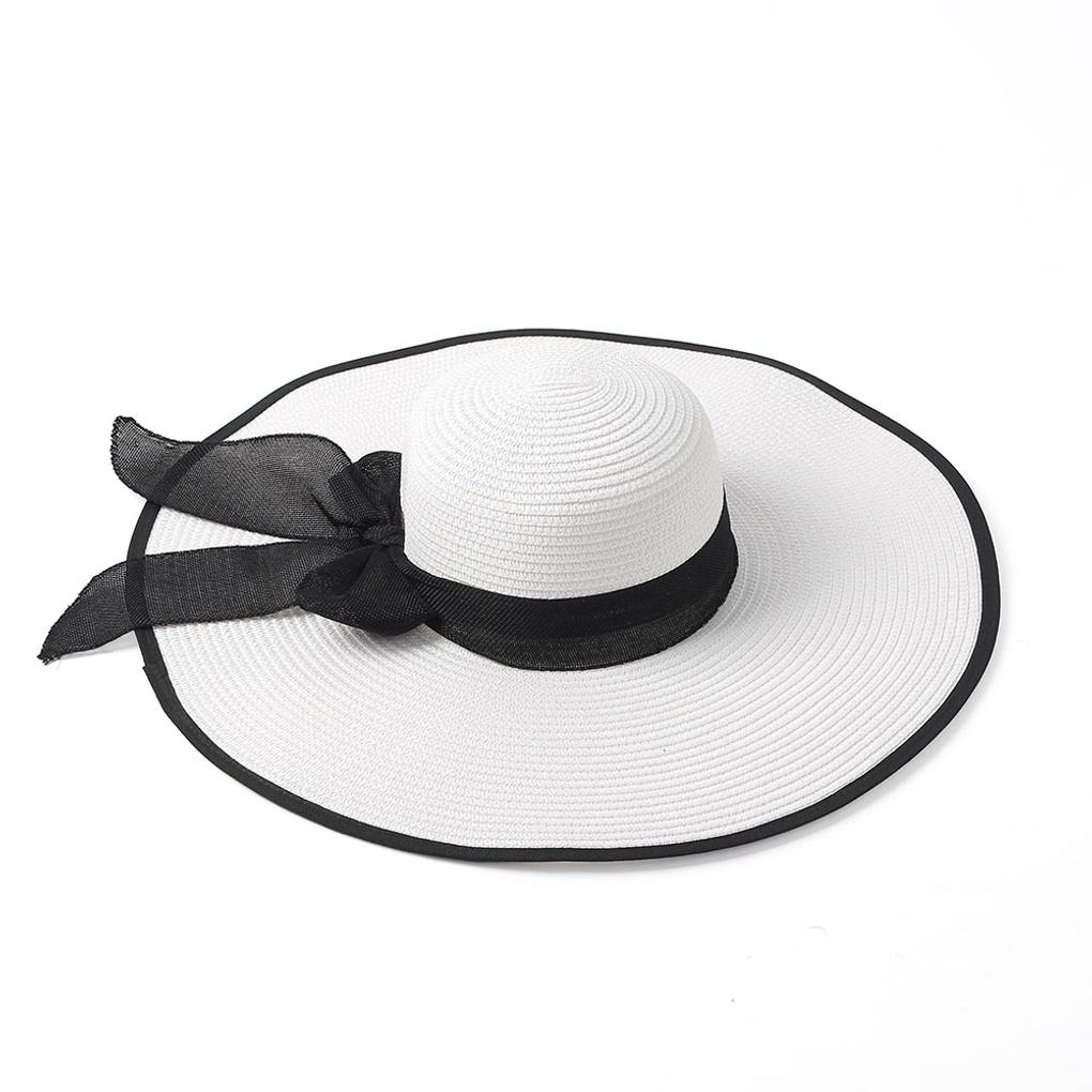 Ribbon Beach Hat Floppy Wide Brim Summer Hat White