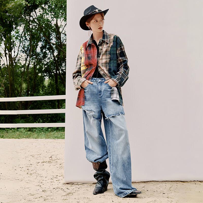 Chuyu Liberté 2025 Falešné dvoudílné patchwork džíny s vysokým pasem a širokými nohavicemi