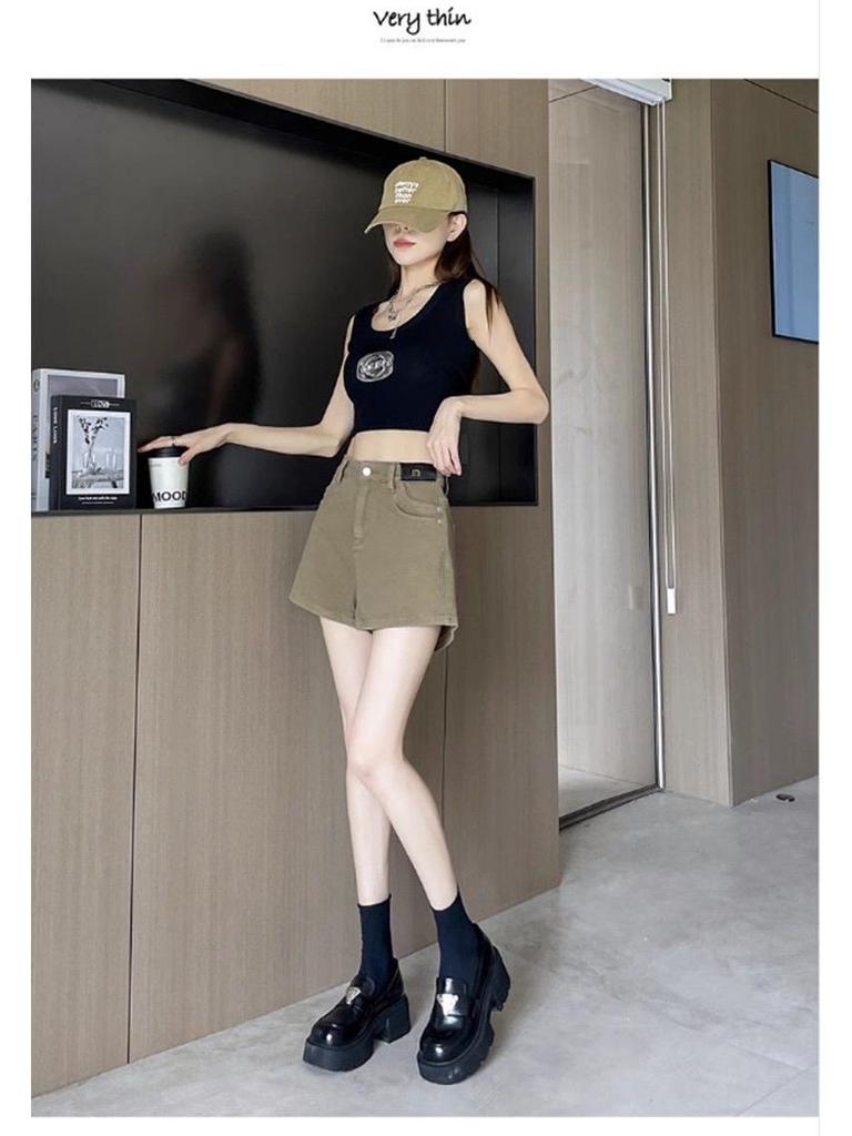 Women's 2026 High-Waisted Khaki Denim Shorts - Summer Fashion, Loose Wide-Leg Slimming Hot Pants
