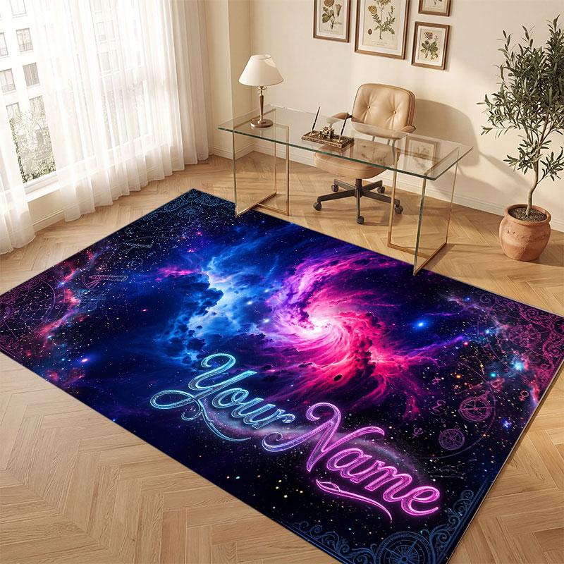 Space Cosmic Theme Crystal Velvet Floor Rug Personalized Custom Name Text Warm Carpet Home Decoration