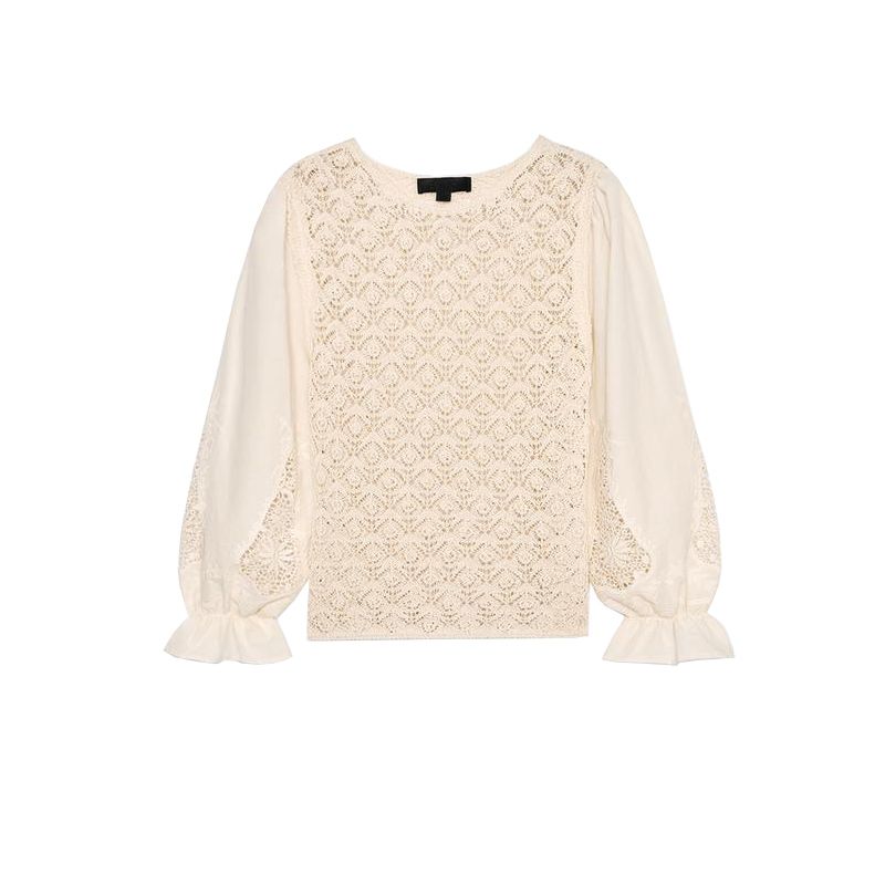 

Summer New Women clothes Simple Style Long sleeve Short Patchwork Jacquard Mesh round Neck Knitted Top 6236007 raw white L