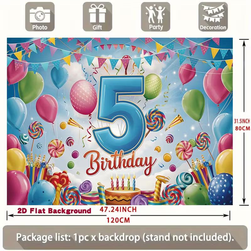 2D 5th Birthday Backdrop with Balloons Lollipop and Cake Kids Party Background