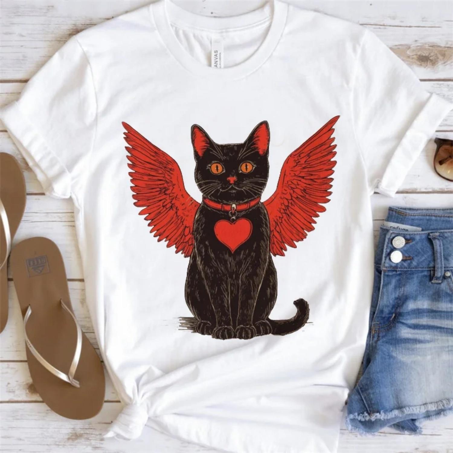 Fashion Clothing Cute Women s Casual T-Shirt Cat Pattern Valentine s Day T-Shirt Printed Women s Short Sleeved Top Printed T-Shi S