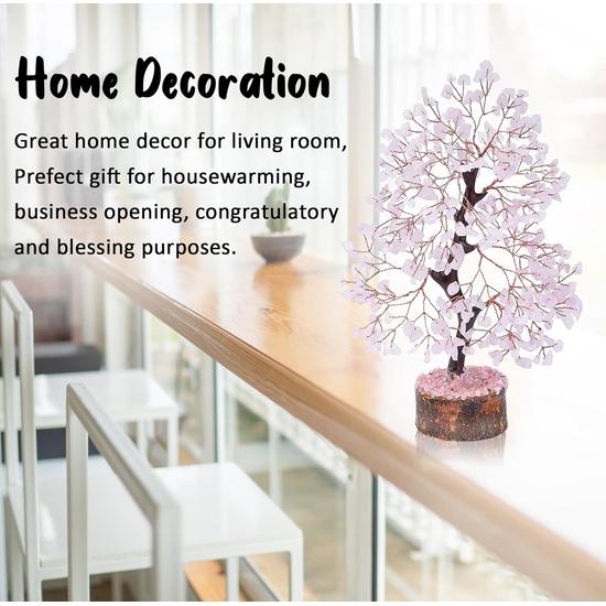Crocon Rose Quartz Gemstone Tree Feng Shui Figurine Money Bonsai Good Luck Chakra Balancing Gift Size 10-12