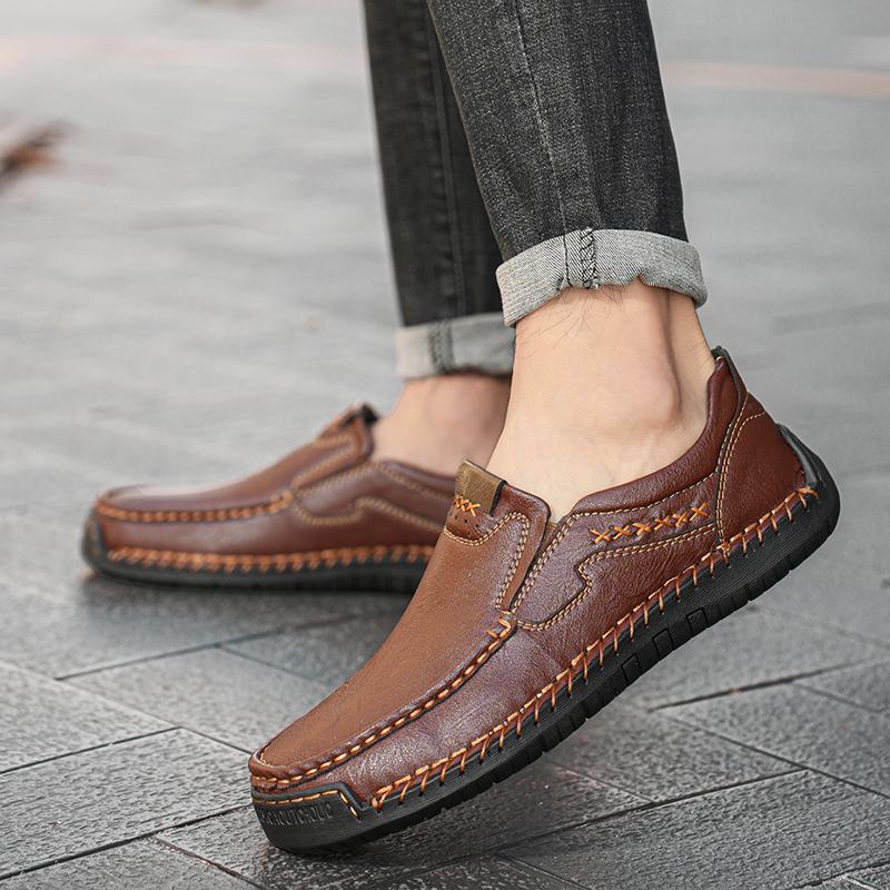 Comfortable Mens Soft-Soled Slip On Flats Casual Leather Loafers Versatile Business Shoes Non Slip Male Hiking Shoes Big Size 48