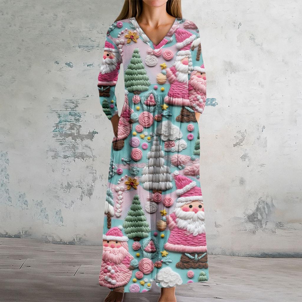 Damska Sukienka Modowa Wiosenna Sukienka z Dekoltem V i Długim Rękawem