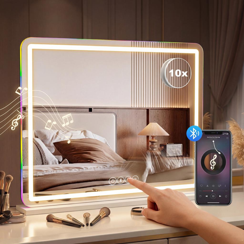 Vanity Mirror with Lights, Dimmable Makeup Mirror with Adjustable Colour Temperature, RGB Light, Bluetooth Speaker White