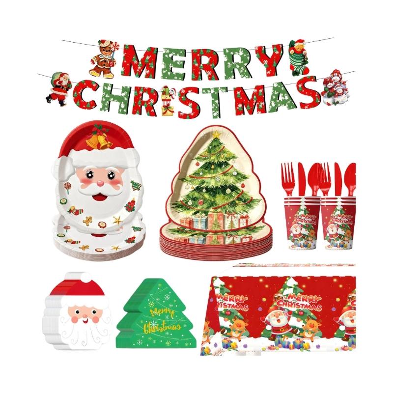 Holiday Party Supplies Tableware Set with Santa and Tree Paper Plates, Cups Napkins Hanging Sign and Table Cover for Christmas Dinner Tables