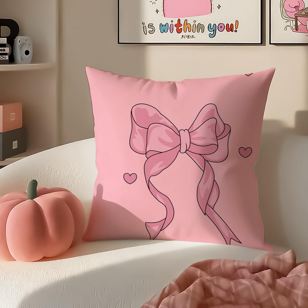 Sweet Girly Floral Art Pink Bow Cherry Pattern Cushion Cover Pillowcase Short Plush Invisible zipper Room Sofa Cushion Cover