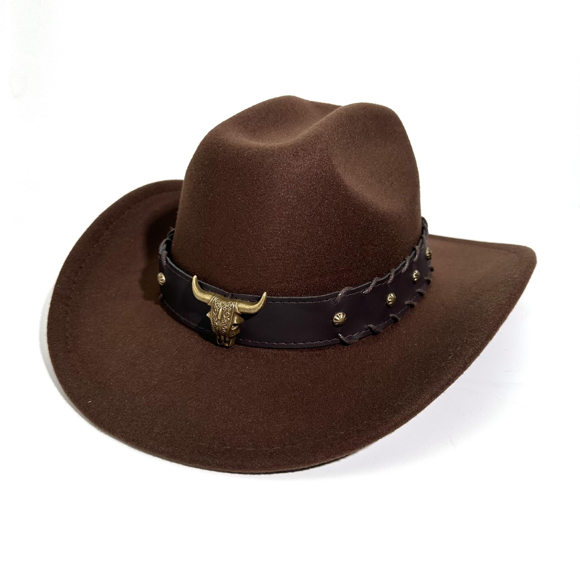 

Western Cowboy Hat Ethnic Style European And American Big Edge Top Hat Tibetan Woolen Hat Tibetan Retro Performance Jazz Hat M（56-58cm） темно-коричневого кольору