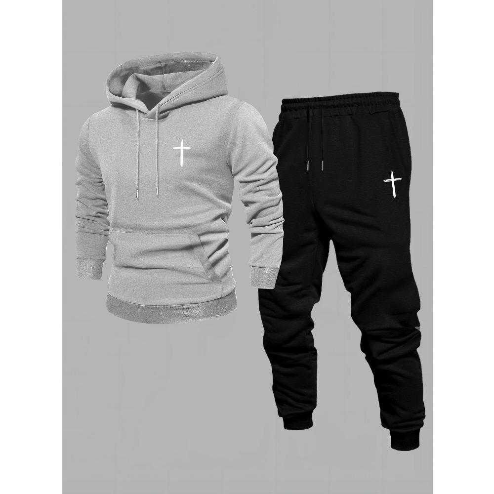 Men's Printed 2pcs Set, Casual Hooded Long Sleeve Sweatshirt and Jogger Pants Outfit, Suitable for Winter and Autumn, Sportswear Set