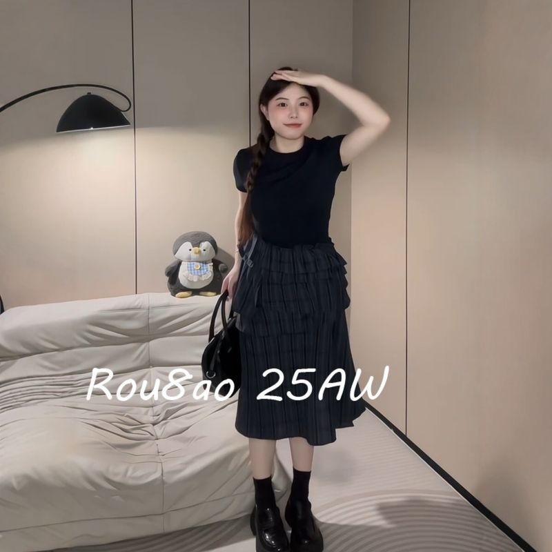 Rou8Ao Plus Size Women s Korean Style Plaid Patchwork Faux Two-Piece Dress, Waist-Cinching Slimming Layered Long Dress Picture Color L