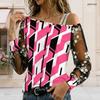 Women Plus Size Asymmetric Cold Shoulder Long Sleeve T Shirt Geometric Printed Sheer Floral Embroidery Top