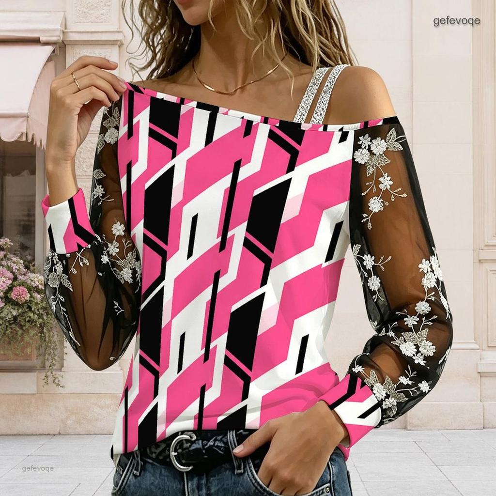Women Plus Size Asymmetric Cold Shoulder Long Sleeve T Shirt Geometric Printed Sheer Floral Embroidery Top