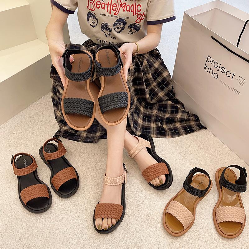 Roman Sandals Women's 2024 Spring and Summer New Buckle One-character Flat Sandals Casual Girls with Skirt Cool Slippers