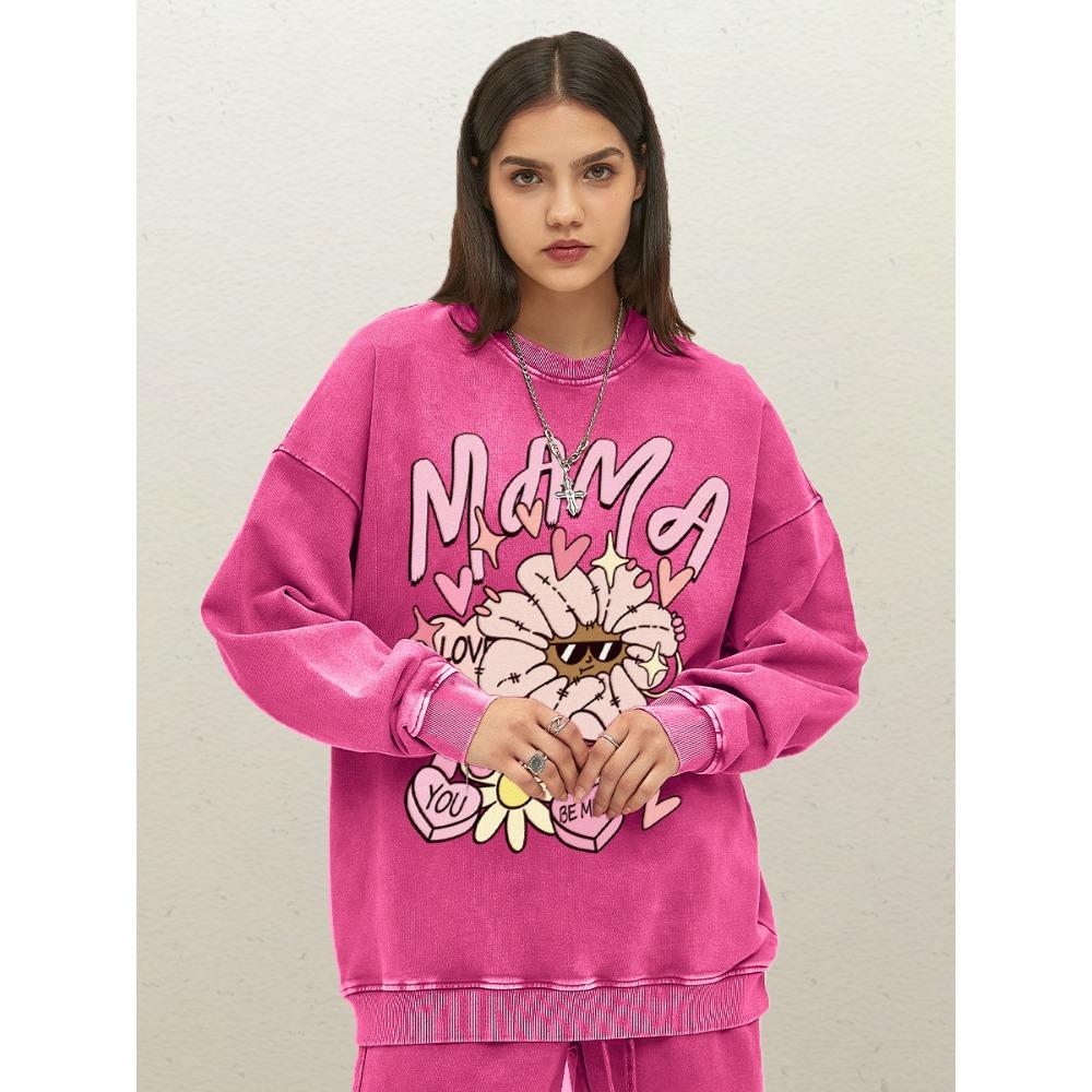 Mama Love You Beautiful Flower Prints Woman Washed Sweatshirts Cotton Soft Pullovers Loose Streetwear Autumn Clothing