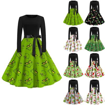 Damen Lässiges Weihnachtskleid mit Rundhalsausschnitt und großem Swing-Kleid, langärmelig, schmale Passform