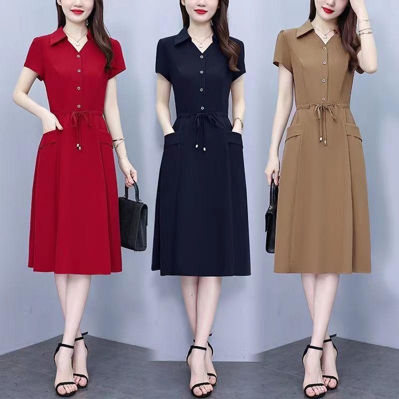 Fashion Summer Stretch Dress Elegant Slimming Midi Wrap Waist Flowy Dress