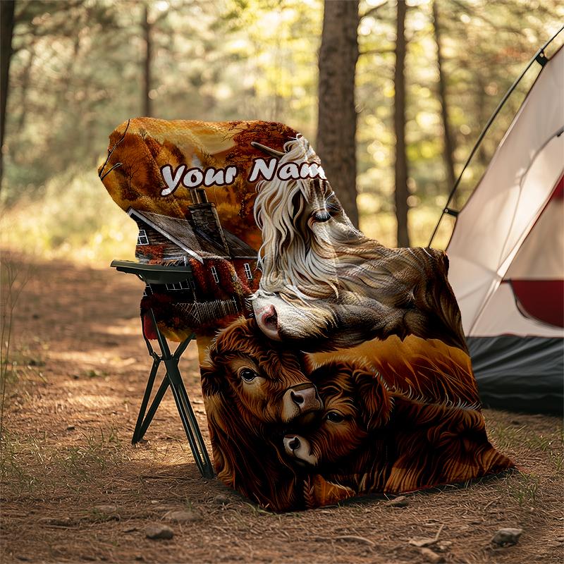 1PC Custom Name Autumnal Cow Family Scene Outdooor Flannel Blankets Patterns Throw Blanket All-Season Soft Gift for Couch, Bed, Camping Gifts
