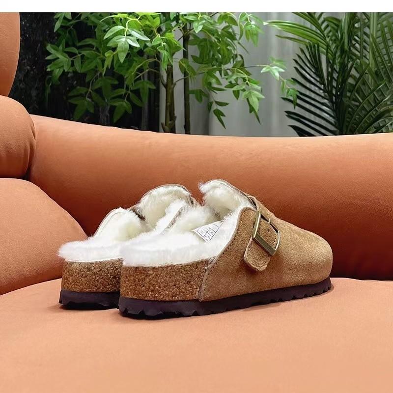 Fashion Women's Slippers 2024 Autumn Winter Leather Round Toe Slippers Couple Slippers Outdoor Casual Keep Warm Women Suede Slides Mujer
