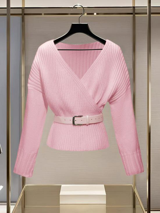 French Pink V-Neck Knitted Sweater Pullover