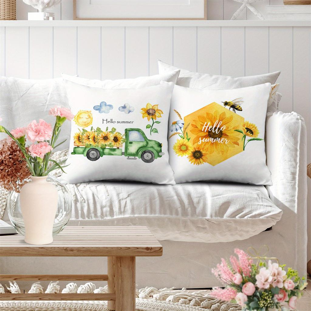 4pcs Fresh Pastoral Style Bee Sunflower Vintage Camera Throw Pillow Covers Green Pickup Truck Hello Summer Decorative Cushion Case for Bedroom Sofa