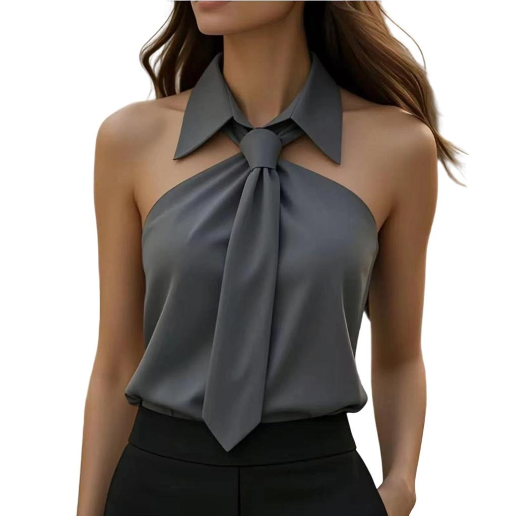 Women Turn-Down Collar Sleeveless Shirt Summer Solid Fashion Tank Casual Beach Vacation Tops