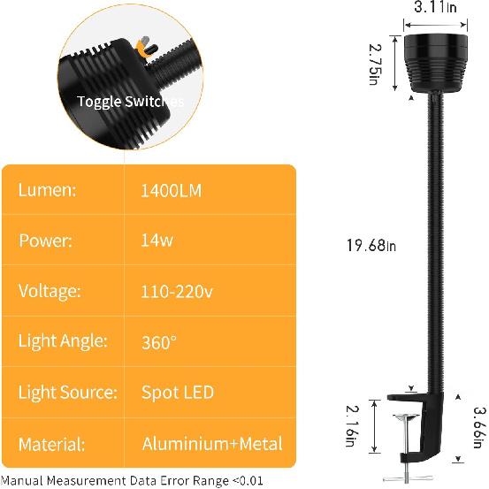 Led Machine Light,Machine Work Light Flexible IP66 Waterproof 1400 Lumens 110V-220V with Clamp Base for Lathe Machine,Workbench, Industrial Lighting