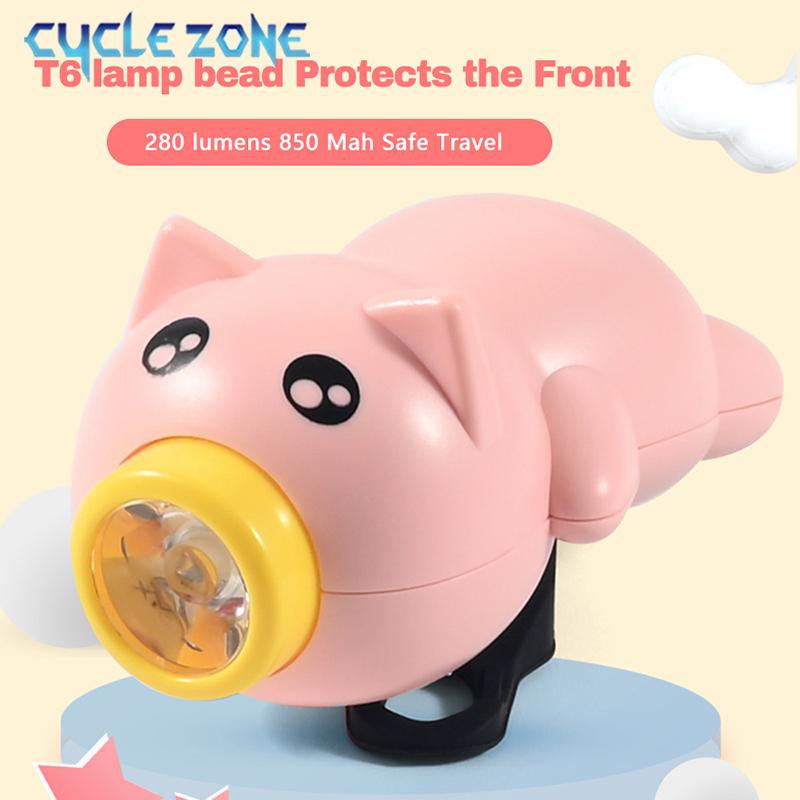 Bike Front Light with Horn Children Cartoon Piggy Bicycle Handlebar Lights Rechargeable Night Riding Kids Flying Pig Bell Lamp